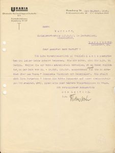 Brief der Urania (Deutsche Kulturfilmgesellschaft) an Dziga Vertov