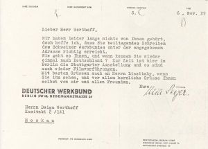 Brief des Deutschen Werkbundes (Mia Seger) an Dziga Vertov