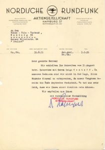 Brief der Nordischen Rundfunk Aktiengesellschaft an den Volks-Film-Verband