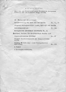 Aufstellung über das dem Österreichischen Filmmuseum übergebene Material aus dem Nachlass Dsiga Vertov