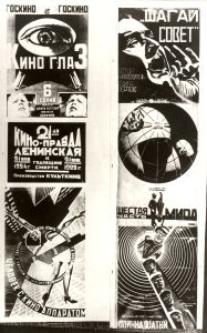 Foto von diversen Plakaten zu Filmen von Dziga Vertov