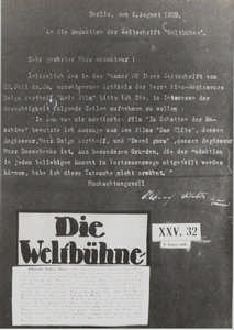 Brief von Albrecht Viktor Blum an "Die Weltbühne"
