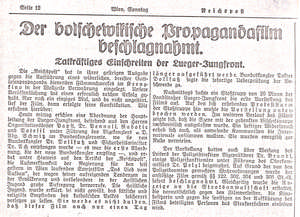 Der bolschewikische Propagandafilm beschlagnahmt. Tatkräftiges Einschreiten der Lueger-Jungfront